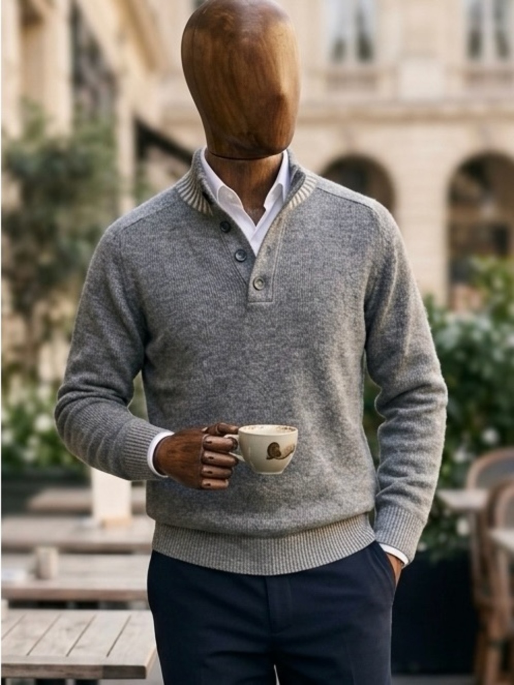 Toscano Firenze Wool Blend Button Mock Neck Sweater with Elbow Patches - Size M